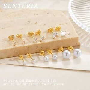 Stud Earrings Set Women Gold Pearl Cubic Zirconia Sterling Silver‎ Posts